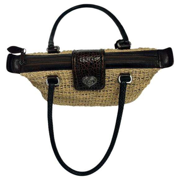 VTG Brighton Purse Brown Leather Straw Woven Double Handle Heart Boho 90s Y2K - Picture 11 of 16